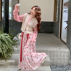 氛围感减龄镂空钩花马甲套装裙女秋2025新款衬衫印花半身裙三件套，女装套装/套裙，2C028