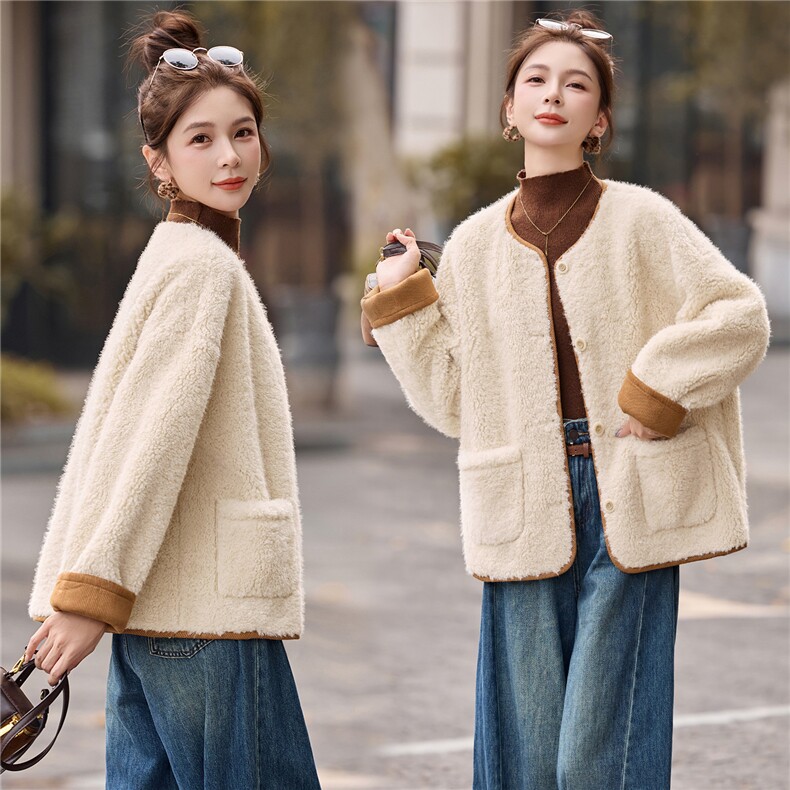 羊羔毛外套女2025秋冬新款巨好看的韩系小香风宽松短款厚皮毛一体，女装毛呢外套，盈茜