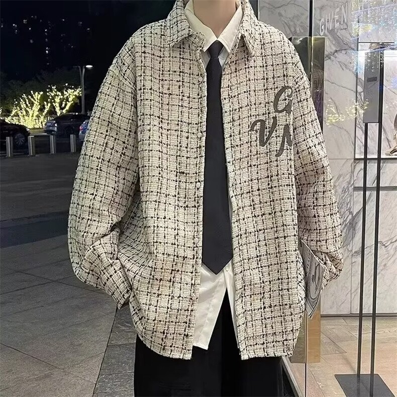 潮小香风外套男秋季新款轻熟高级感工装上衣千鸟格潮牌开衫夹克,男装夹克,星座218-1（原230）