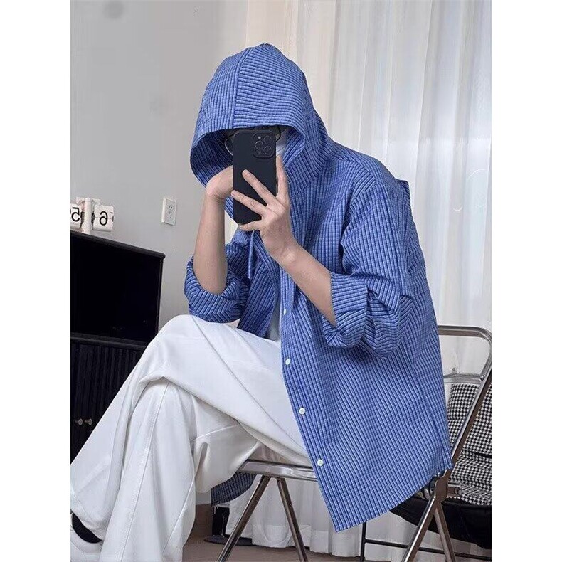男女连帽休闲百搭宽松廓形双褶弯刀设计连帽衬衫宽松速干衬衣防晒图片