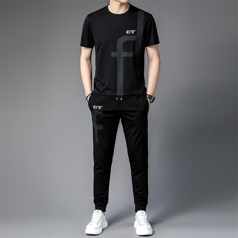 夏季男式短袖长裤透气两件套运动休闲圆领修身t恤套装，男装休闲套装，电商B360