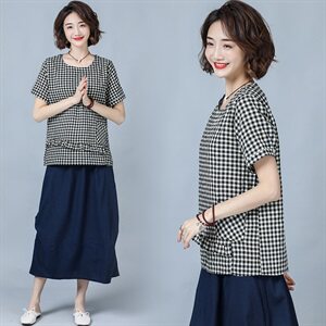 潮流舒适时尚短袖蕾丝衫/雪纺衫2025年夏季格子休闲圆领休闲图片