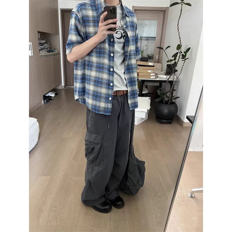 美式复古蓝色慵懒格子情侣衬衫男女夏季短袖宽松休闲外套CSD01,男装T恤,星座1116A（原606A-3）