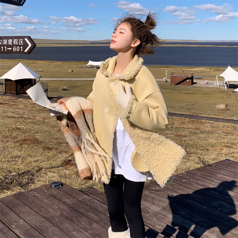 黄色毛茸茸仿羊羔毛外套女2025冬新款韩系减龄小个子皮毛一体上衣,女装短外套,2B183