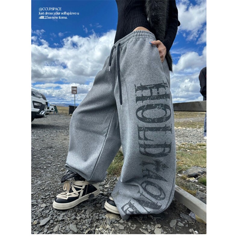 【002】灰色字母印花松紧腰阔腿裤宽松休闲弯刀裤A079-K3151-P52,男装休闲裤,电商A079