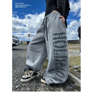 【002】灰色字母印花松紧腰阔腿裤宽松休闲弯刀裤A079-K3151-P52图片
