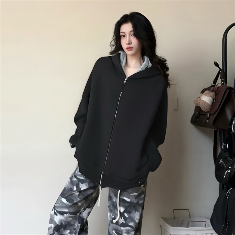 抖音得物高品质秋冬美式高街重磅结构双层双面连帽卫衣外套XS107,女装短外套,电商A486-1