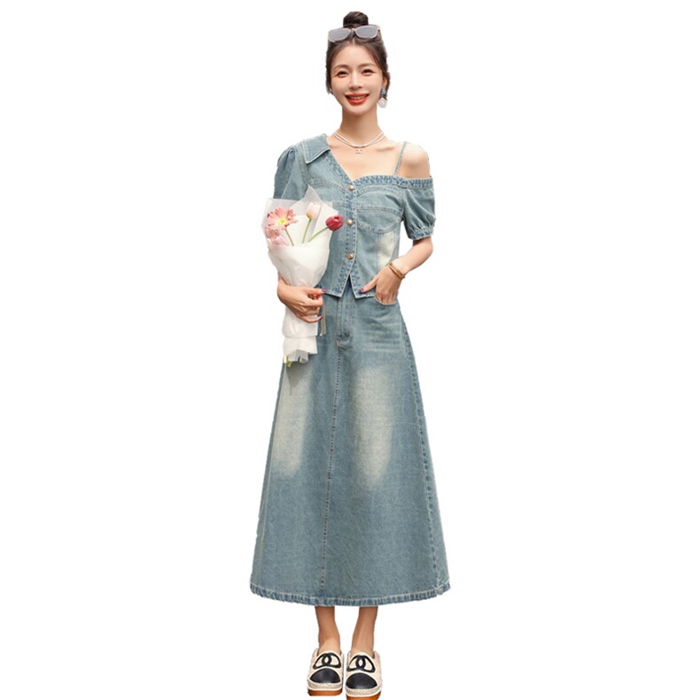 设计感小众牛仔套装裙女2024夏季新款不规则短袖上衣半身裙两件套,女装套装/套裙,韩蜜菓