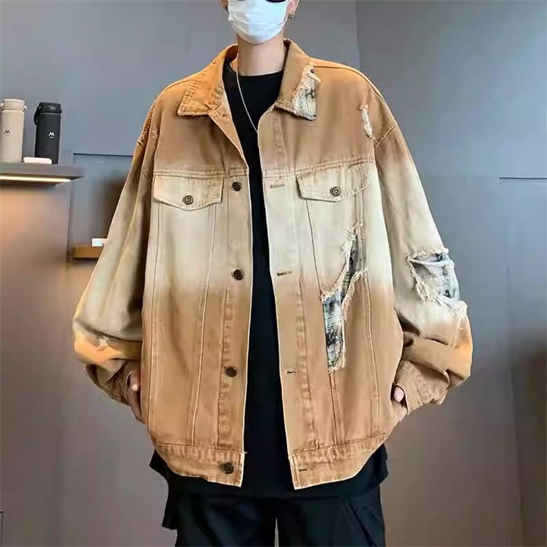 春秋破洞贴布牛仔外套男渐变水洗做旧设计感美式复古痞帅潮牌夹克,男装工装外套,星座1210-1