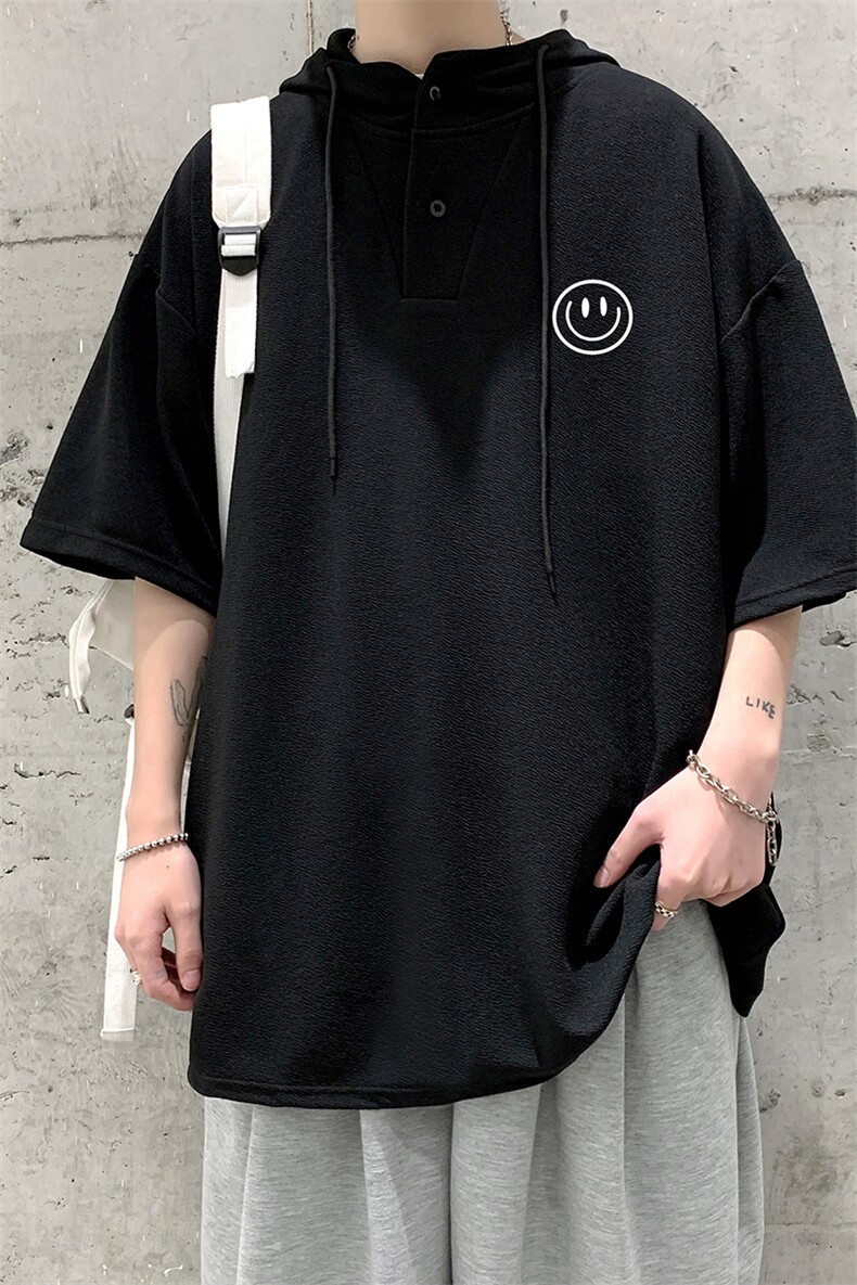 LD54224-P45连帽短袖t恤男大码胖子带帽五分袖中袖大皂风,男装T恤,电商A040