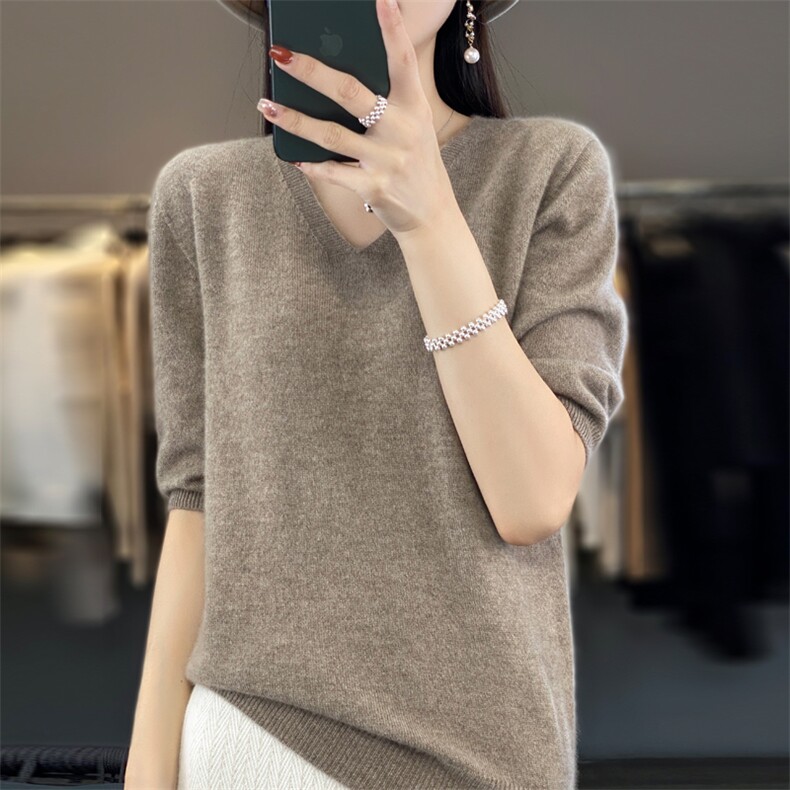 2024新款V领短袖羊毛上衣休闲舒适,女装羊毛衫,昭美羊绒