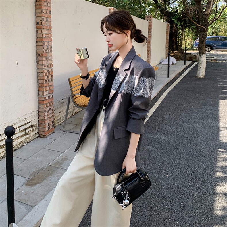蕾丝拼接灰色西装外套女2025春季新款韩系休闲气质高级感炸街西服,女装西装,浙宝069