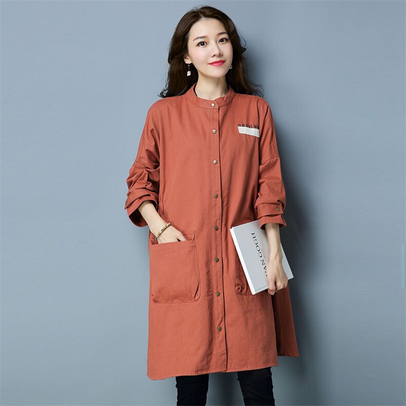 褶皱口袋纽扣中长款常规长袖2021年秋季排扣圆领通勤，女装大码女装，独衣靓