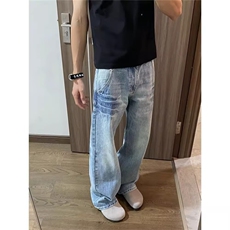 裂纹设计水洗蓝色牛仔裤美式潮流休闲百搭宽松直筒长裤NZA422，男装牛仔裤，星座516A