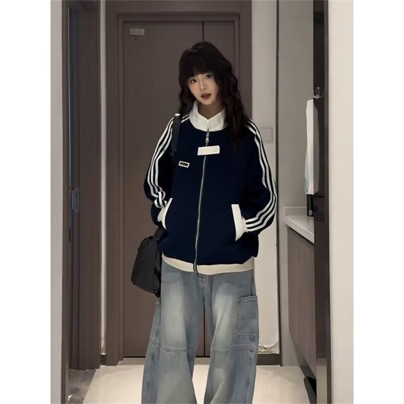 美式拼接运动卫衣女秋季新款潮牌休闲外套高街立领条纹棒球服潮,女装短外套,星座302B-2
