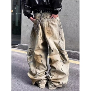 美式复古黄泥染脏洗阔腿牛仔裤男女水洗做旧宽松弯刀裤LQ533-P60图片