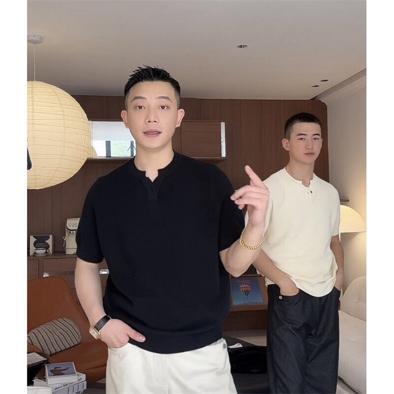 菠萝纹针法肌理感休闲简约男士亨利领体恤纯色77090/P45降，男装Polo衫，电商A243