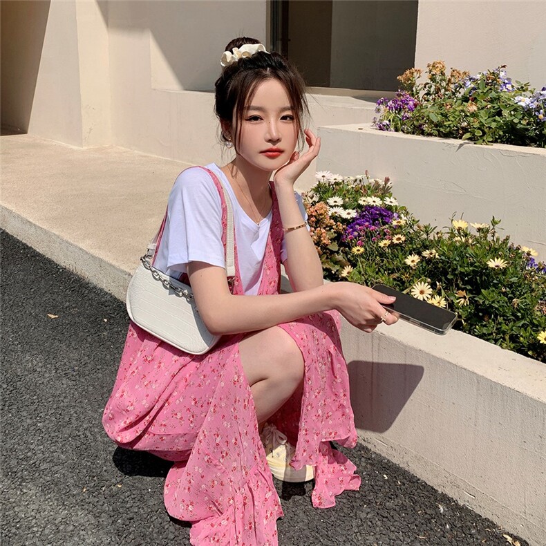 现货韩版粉色碎花减龄开叉两件套251-25109-P115-K168,女装连衣裙,浙宝189
