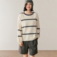 秋季新款撞色条纹圆领时尚百搭休闲风，女装针织衫/毛衣，鸥蕊娅羊绒