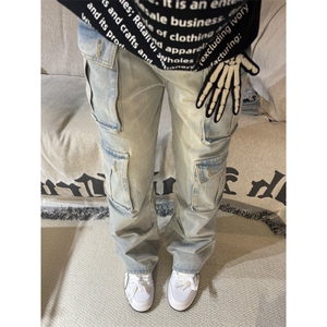 【有货】浅蓝色多口袋工装牛仔裤男款宽松美式裤子K8034LL-特P56图片