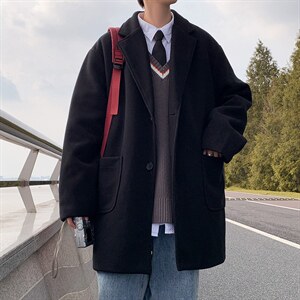N2075/P90冬季中性风呢大衣男中长款男女呢料潮呢子外套风衣图片