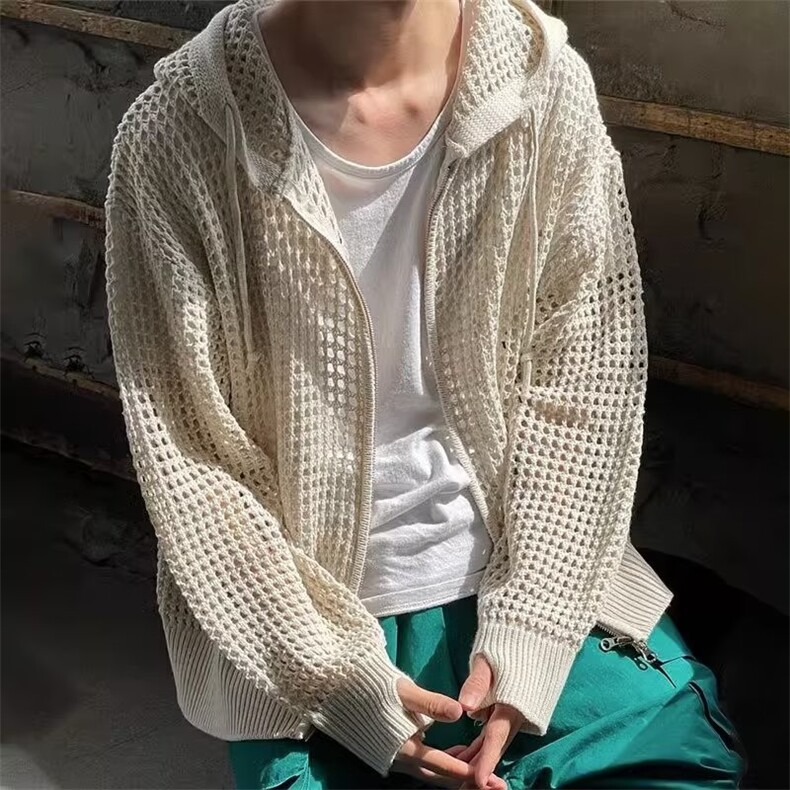 751-P45镂空连帽针织衫男高级感网状长袖防晒衣网眼毛织线衣开衫,男装防晒衣,电商B323A