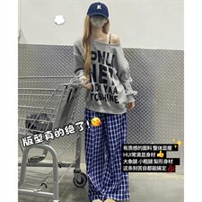 美式高街潮牌男女泡泡格子休闲裤直筒宽松慵懒显瘦阔腿休闲长裤子，男装休闲裤，电商A443