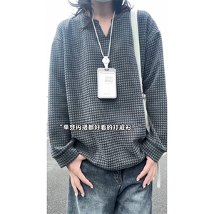 XZ809A/SYR13/特P24/控48千鸟格小香风V领长袖T恤卫衣,男橙红色裤搭配图片