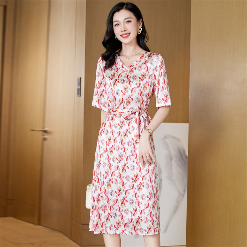 假两件碎花真丝连衣裙女夏季短袖郁金香印花桑蚕丝荷叶边裙子气质,女装连衣裙,阿舍尔精品