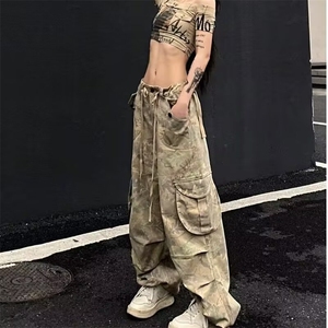 新款美式复古浅色系迷彩多口袋工装松紧长裤女宽松显瘦阔腿流行图片