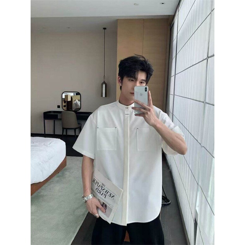 老钱风暗扣短袖衬衫夏季痞帅男生垂感立领中式衬衣上衣CSS12P40,男装衬衫,电商D256-1(原A064-1)