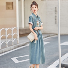 新中式牛仔连衣裙女2025夏季爆款小个子复古洋气减龄休闲时尚裙子，女装连衣裙，慧尚依恋