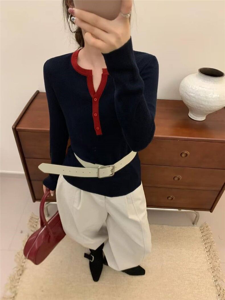 2025年秋季新款拼色针织女士打底衫时尚休闲通勤百搭,针织衫/毛衣,恒旺羊绒