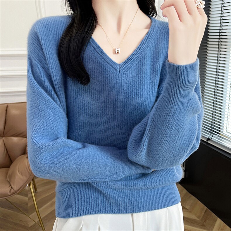 2024秋冬新款V领女纯色百搭套头毛衣宽松显瘦100羊毛打底衫,女装羊毛衫,蒙特羊绒