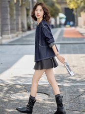 2025秋装新款复古休闲宽松圆领牛仔外套，女装牛仔外套，深水步