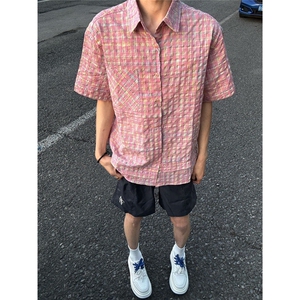 美式短袖衬衫女男夏季宽松休闲T恤格纹速干衬衫CDA08-P35图片