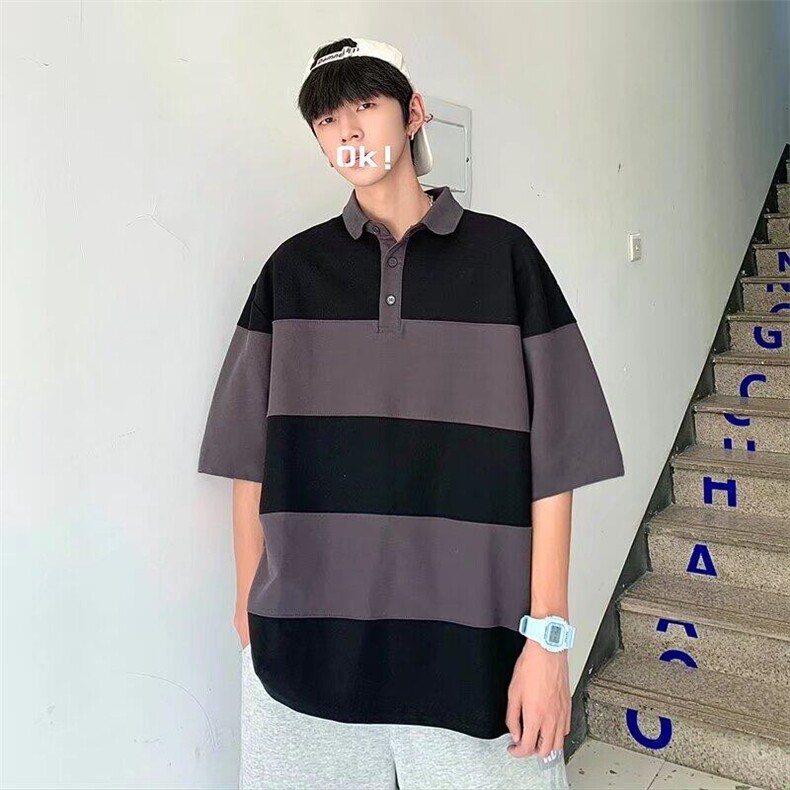 日系复古潮牌条纹POLO衫男短袖夏季宽松情侣翻领半袖保罗衫潮,男装Polo衫,星座506