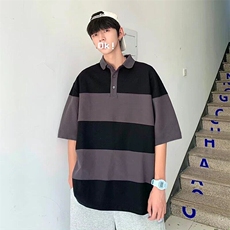 日系复古潮牌条纹POLO衫男短袖夏季宽松情侣翻领半袖保罗衫潮，男装Polo衫，星座506