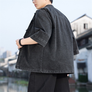 夏季牛仔七分袖衬衫盘扣立领上衣宽松大码男休闲CS2504-P7088图片