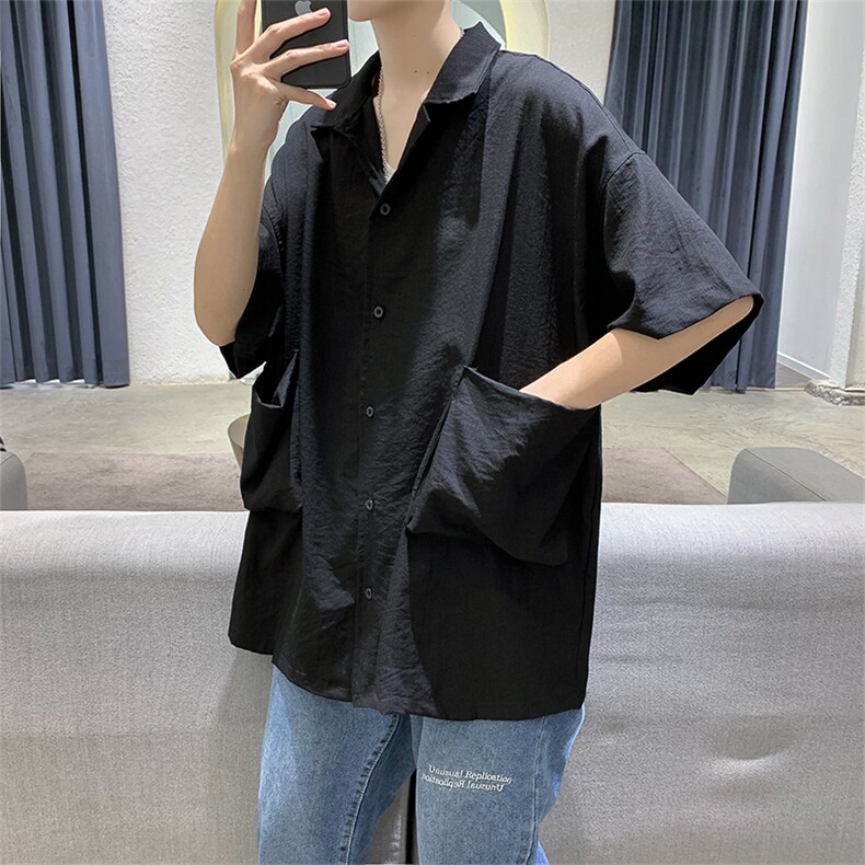 棉麻短袖港风宽松韩版潮流百搭bf风亚麻五分袖衬衣W647-P30,男装衬衫,星座512-2