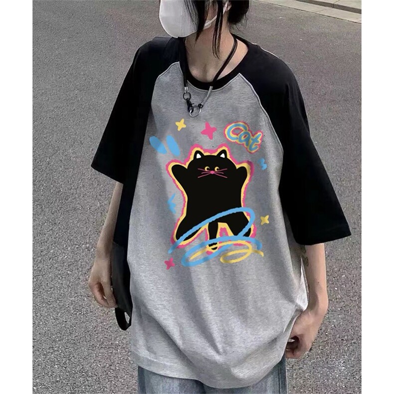 抖音得物供货240克宽松纯棉美式潮牌印花插肩袖拼接短袖T恤AT1519图片