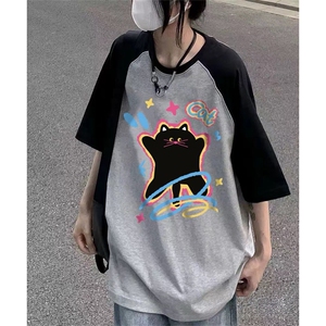 抖音得物供货240克宽松纯棉美式潮牌印花插肩袖拼接短袖T恤AT1519图片