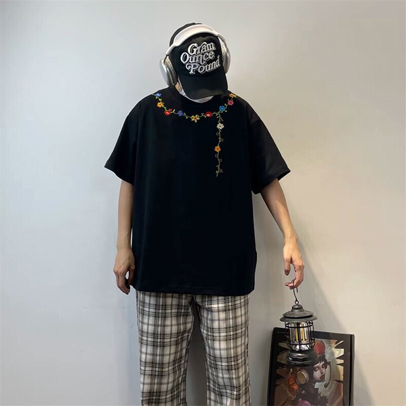 万针全刺绣工艺抖音得物高品质260克重磅纯棉双纱美式高街短袖T恤,男装T恤,电商A486-1