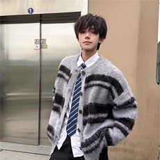 7386-P60秋冬复古渐变慵懒风条纹开衫针织衫外套男女潮牌宽松，男装针织衫/毛衣，电商B323A