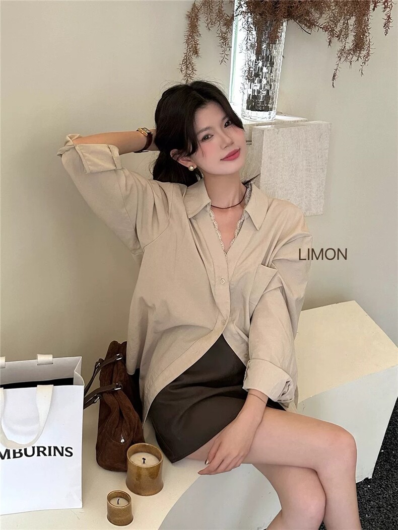 法式女春季百搭设计感领边拼蕾丝衬衣,女装衬衫,湘姗