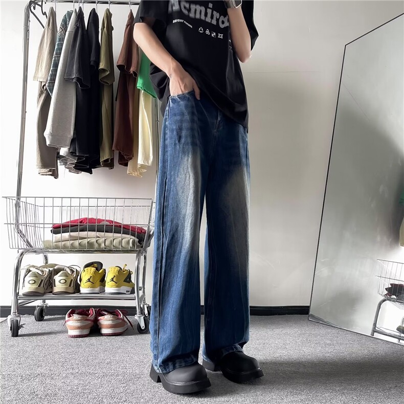 渐变牛仔裤高街宽松垂感水洗做旧直筒裤阔腿裤NT8856,男装牛仔裤,星座1116A-1（原606A）
