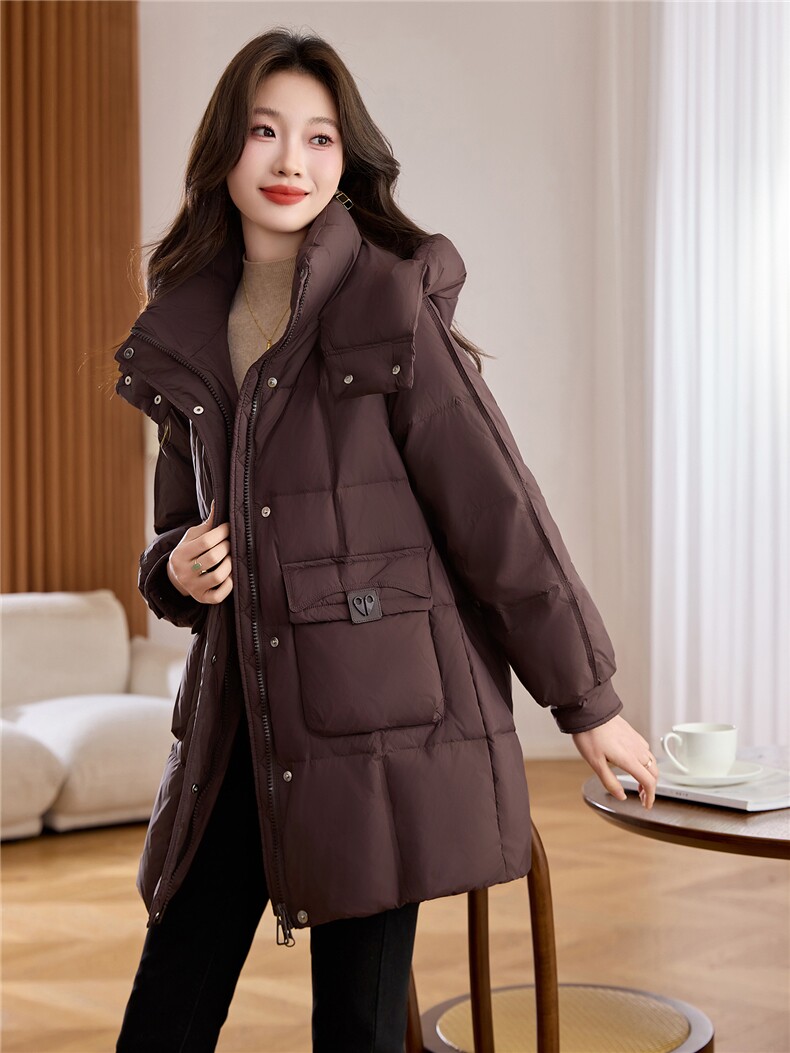 现货，2025年时尚白鸭绒纯色中长款洋气加厚保暖羽绒服女冬季潮品,女装羽绒服,依万里