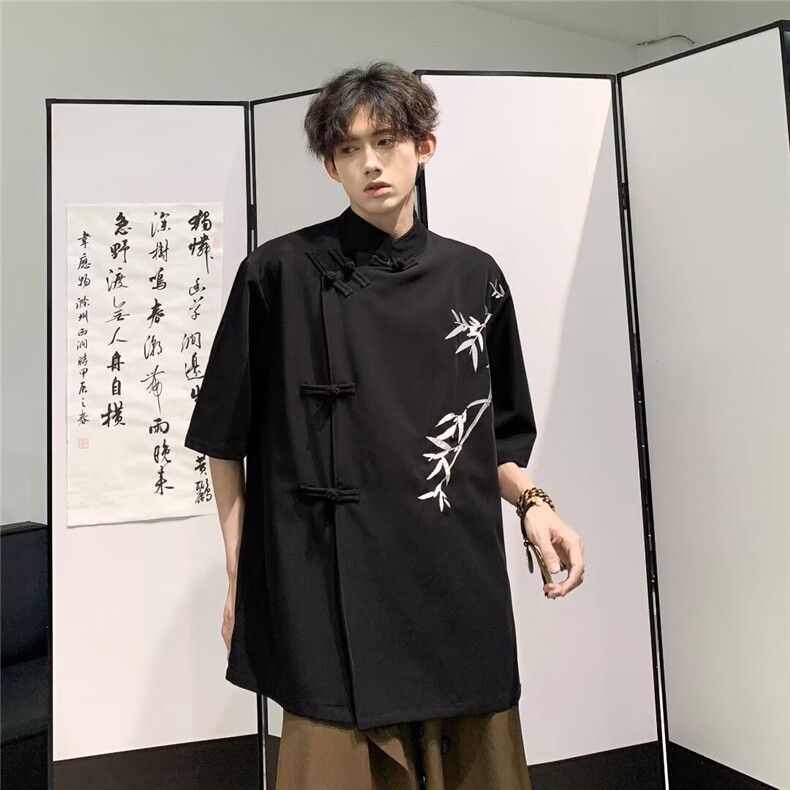 改良新中式盘扣衬衫男短袖小众竹子刺绣复古风衬衣C4546,男装衬衫,星座1116A-1（原606A）