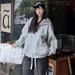 抖音得物高品质秋冬美式高街重磅结构辑明线纹理连帽卫衣外套W111
