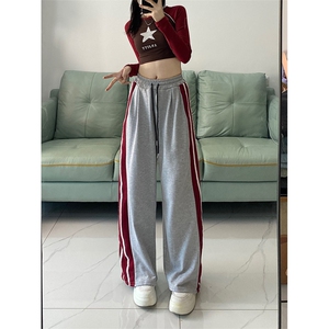休闲裤女春秋美式宽松百搭高腰显瘦垂感直筒竖条阔腿裤K0979-P38图片